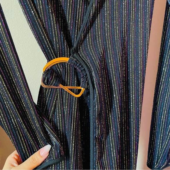 h:ours Cherie Metallic Stripe Long Sleeve Wrap Mini Dress - Picture 2 of 10